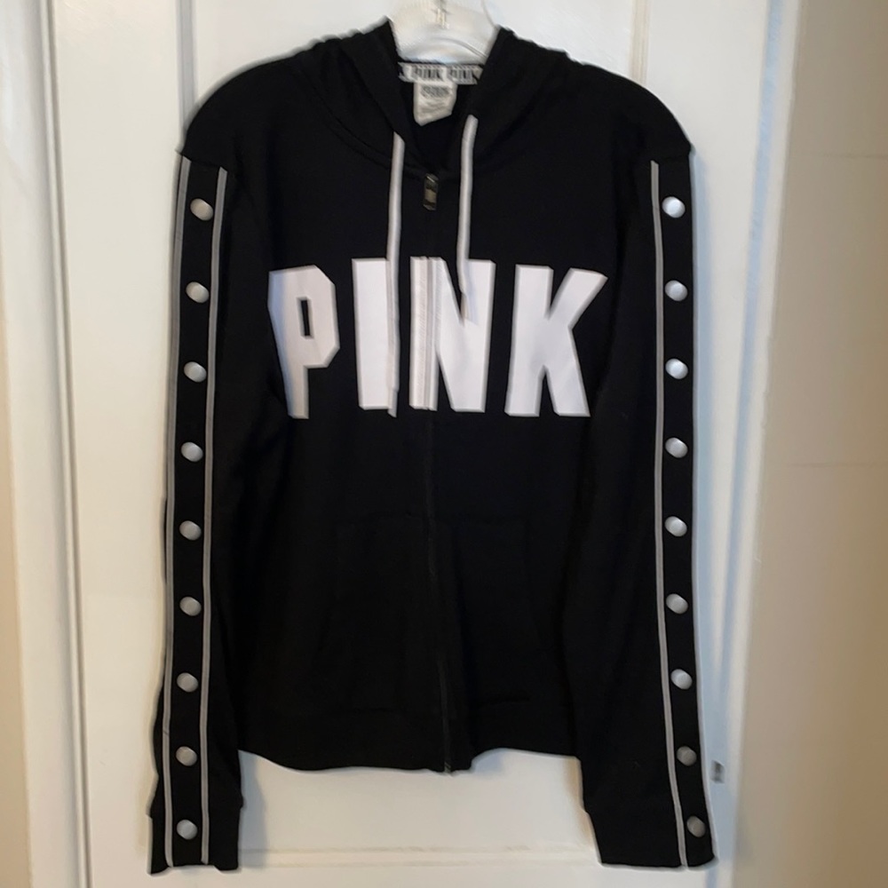 PINK zip up hoodie, black with big white letters, size L, snaps down each arm